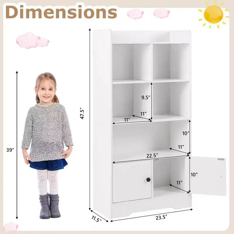Costway Freestanding Bookshelf with Doors 2 Storage Cabinets and 5 Cubbies 2 Anti-tip Kits