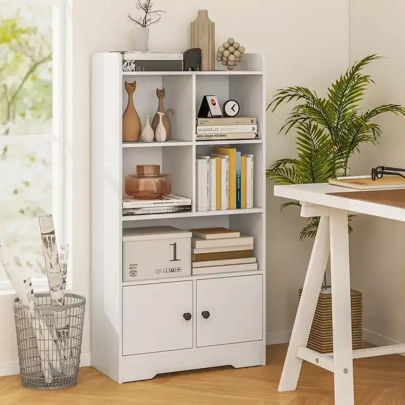 Costway Freestanding Bookshelf with Doors 2 Storage Cabinets and 5 Cubbies 2 Anti-tip Kits