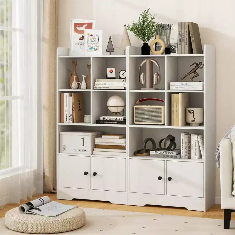 Costway Freestanding Bookshelf with Doors 2 Storage Cabinets and 5 Cubbies 2 Anti-tip Kits