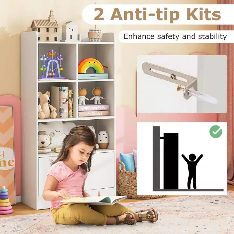 Costway Freestanding Bookshelf with Doors 2 Storage Cabinets and 5 Cubbies 2 Anti-tip Kits