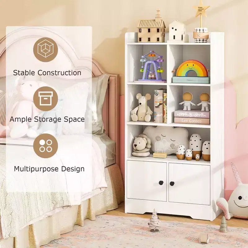 Costway Freestanding Bookshelf with Doors 2 Storage Cabinets and 5 Cubbies 2 Anti-tip Kits
