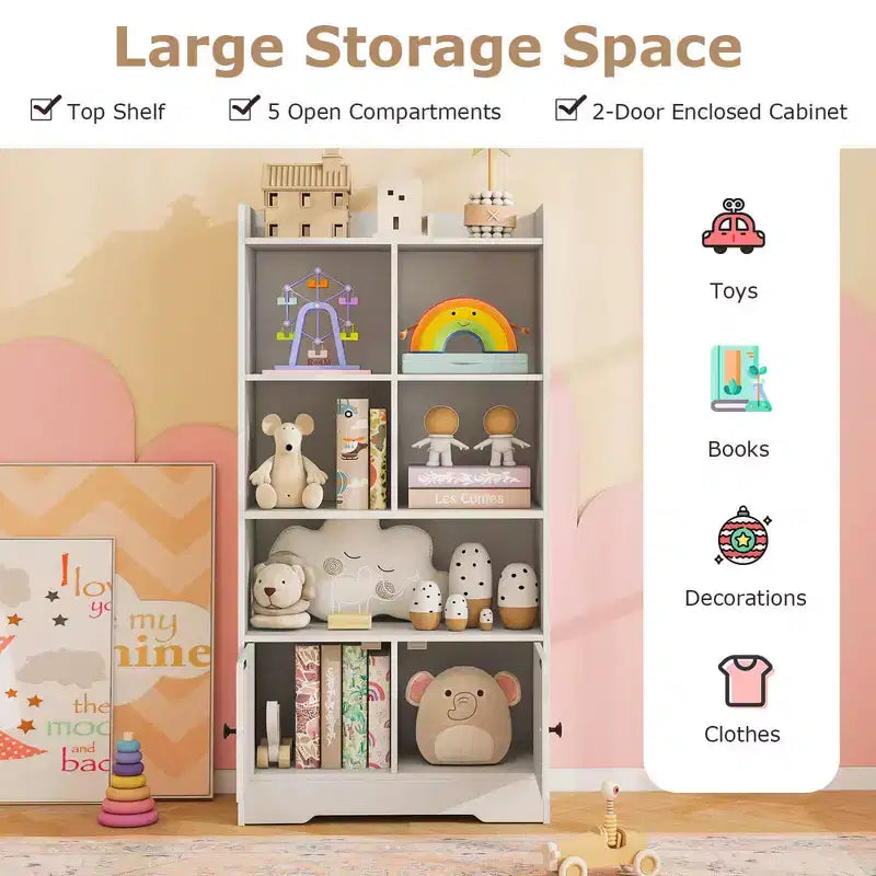 Costway Freestanding Bookshelf with Doors 2 Storage Cabinets and 5 Cubbies 2 Anti-tip Kits