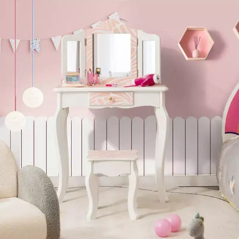 Costway Kid Vanity Set Wooden Makeup Table Stool Tri-Folding Mirror Zebra-Stripe Pink