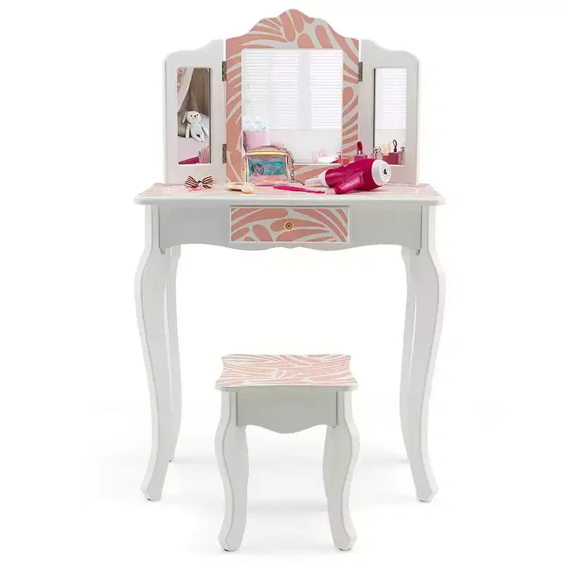 Costway Kid Vanity Set Wooden Makeup Table Stool Tri-Folding Mirror Zebra-Stripe Pink
