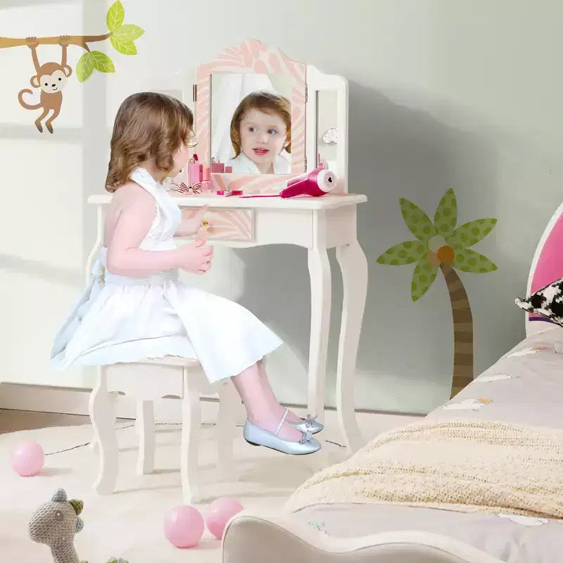 Costway Kid Vanity Set Wooden Makeup Table Stool Tri-Folding Mirror Zebra-Stripe Pink