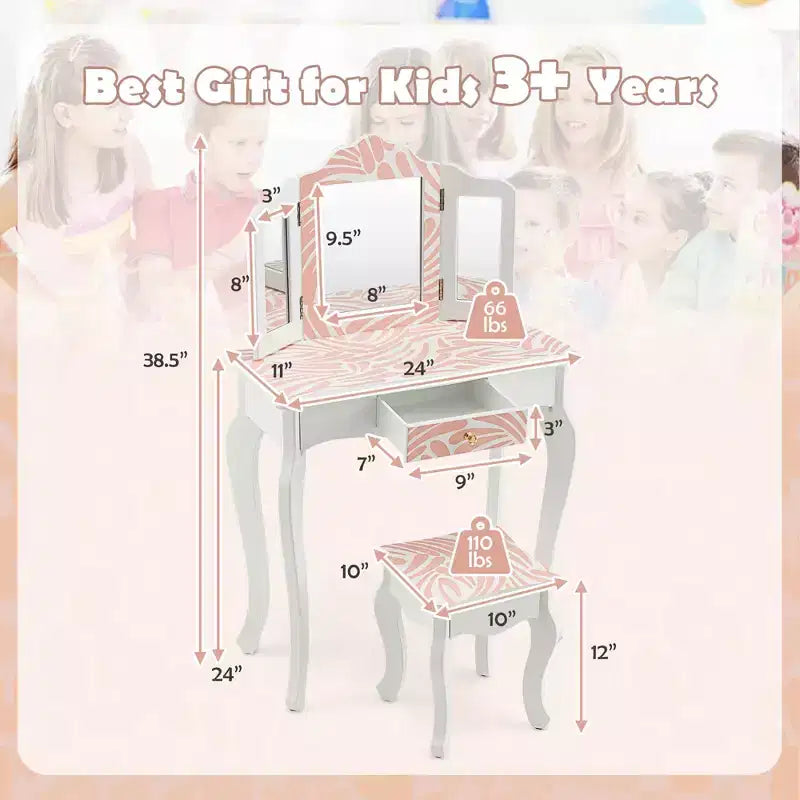 Costway Kid Vanity Set Wooden Makeup Table Stool Tri-Folding Mirror Zebra-Stripe Pink