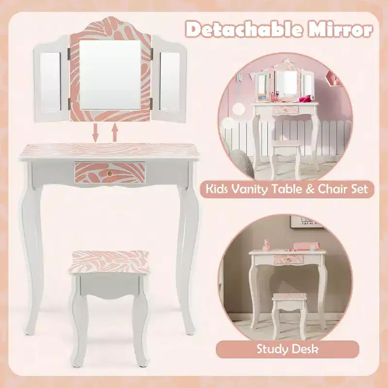 Costway Kid Vanity Set Wooden Makeup Table Stool Tri-Folding Mirror Zebra-Stripe Pink