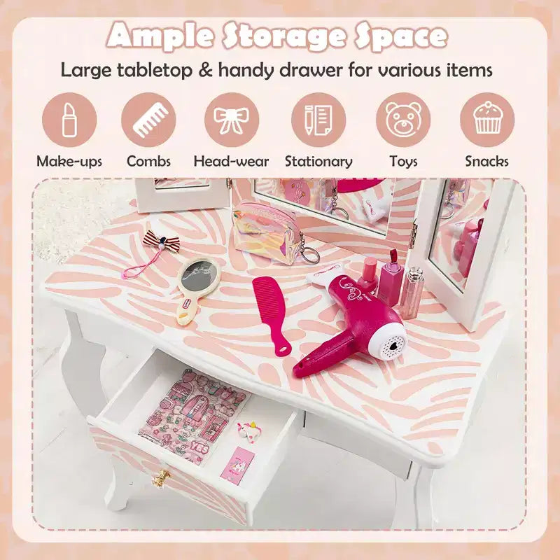 Costway Kid Vanity Set Wooden Makeup Table Stool Tri-Folding Mirror Zebra-Stripe Pink
