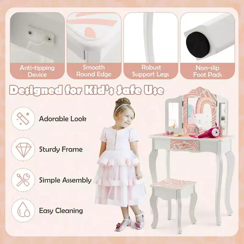Costway Kid Vanity Set Wooden Makeup Table Stool Tri-Folding Mirror Zebra-Stripe Pink