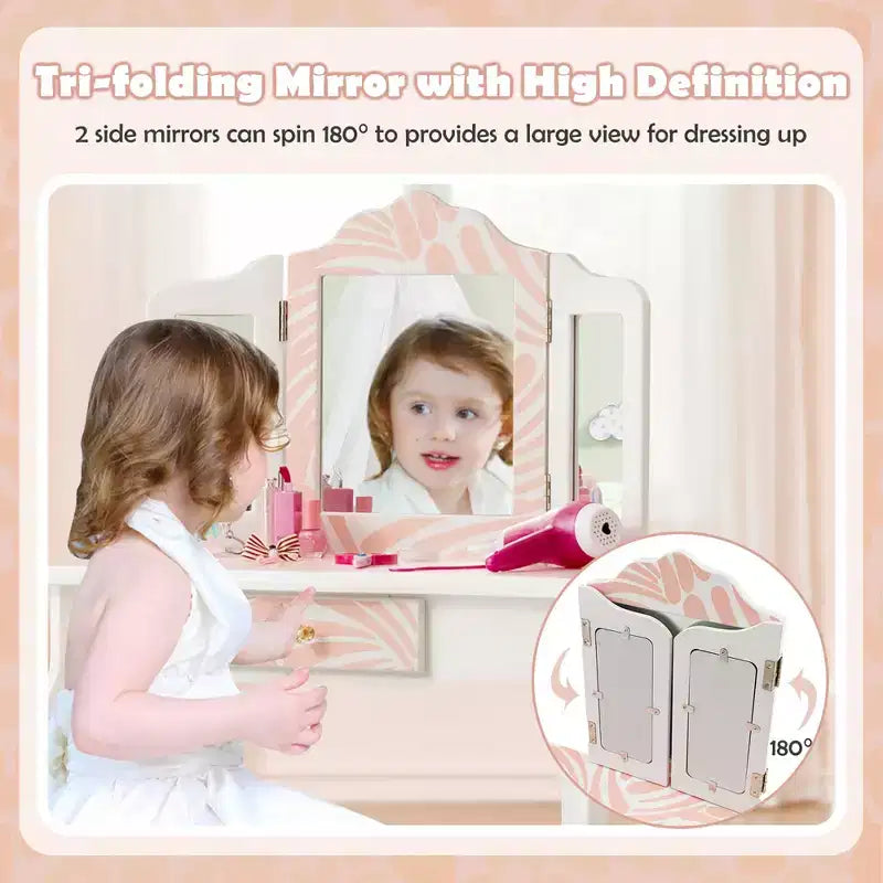 Costway Kid Vanity Set Wooden Makeup Table Stool Tri-Folding Mirror Zebra-Stripe Pink