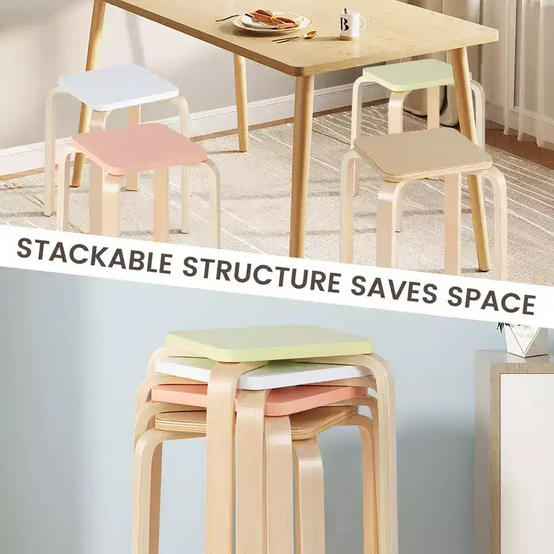 Costway Set of 4 Colorful Square Stools Stackable Wood Stools with Anti-slip Felt Mats