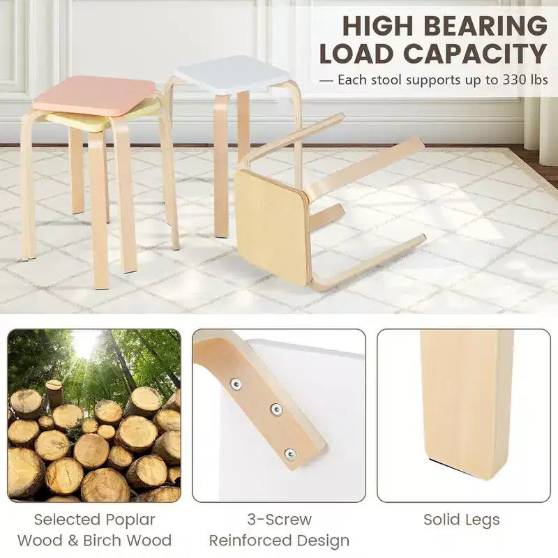 Costway Set of 4 Colorful Square Stools Stackable Wood Stools with Anti-slip Felt Mats