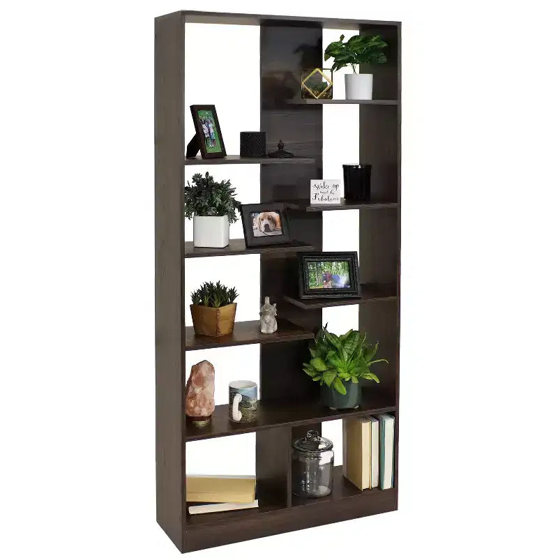 Sunnydaze Indoor Rosalee 9-Tier Open Bookshelf with Staggered Shelves - Coffee Brown