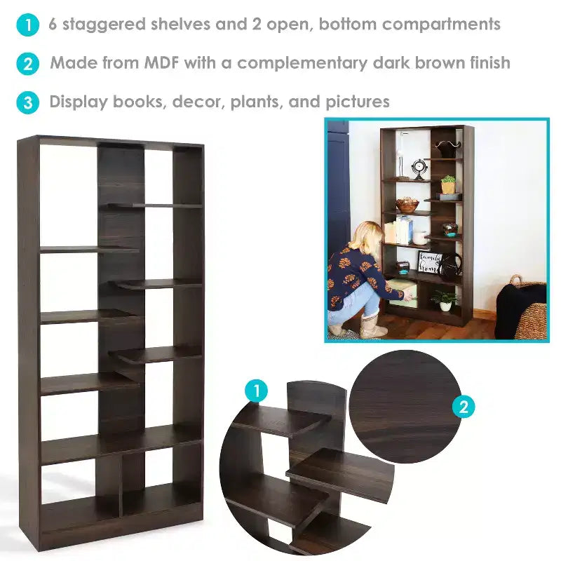 Sunnydaze Indoor Rosalee 9-Tier Open Bookshelf with Staggered Shelves - Coffee Brown