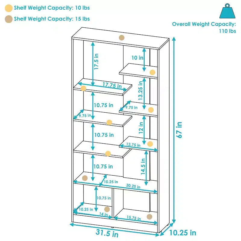 Sunnydaze Indoor Rosalee 9-Tier Open Bookshelf with Staggered Shelves - Coffee Brown