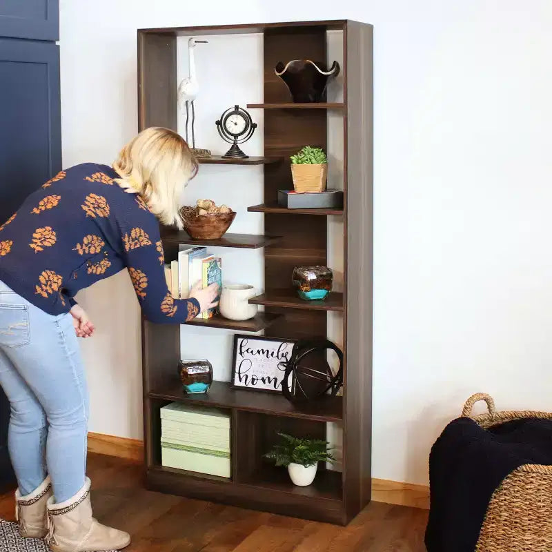 Sunnydaze Indoor Rosalee 9-Tier Open Bookshelf with Staggered Shelves - Coffee Brown