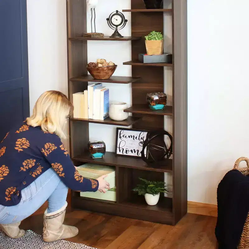 Sunnydaze Indoor Rosalee 9-Tier Open Bookshelf with Staggered Shelves - Coffee Brown