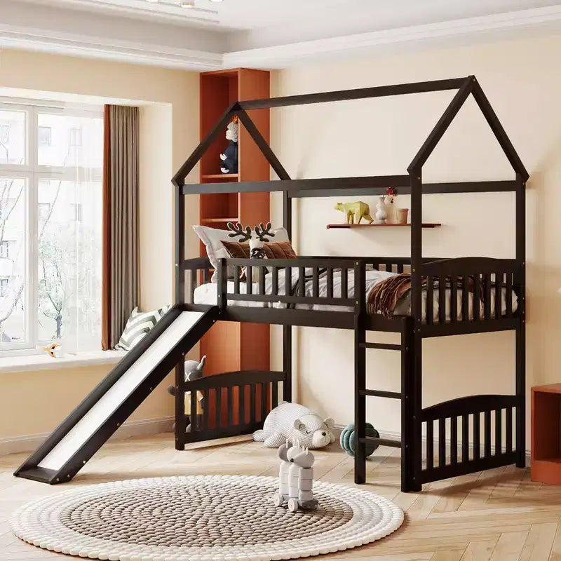 Twin Size Loft House Bed with Slide-ModernLuxe