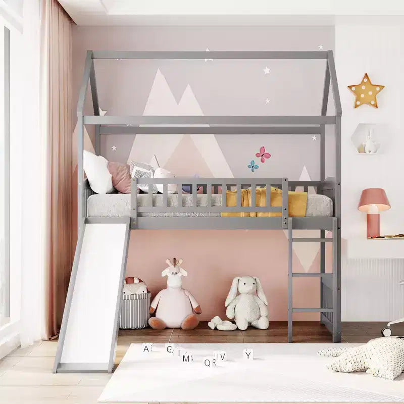 Twin Size Loft House Bed with Slide-ModernLuxe