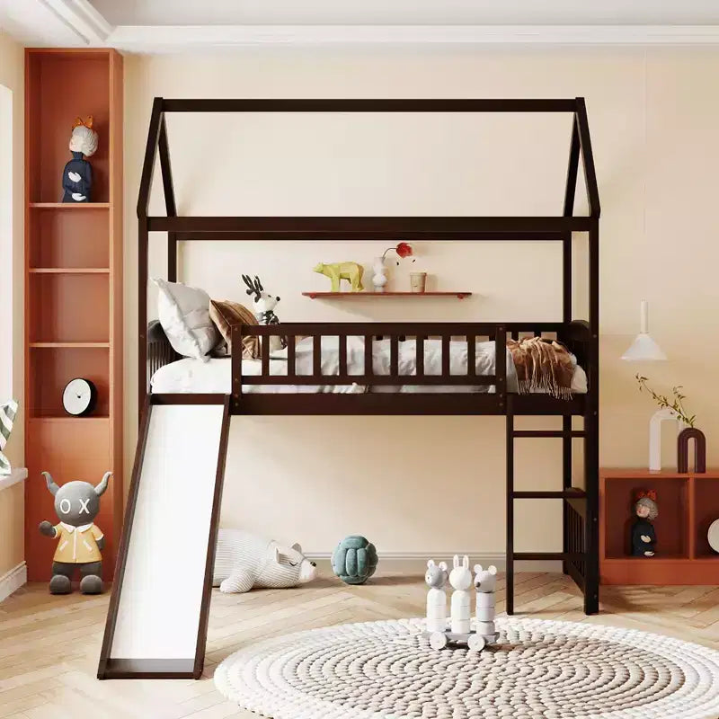 Twin Size Loft House Bed with Slide-ModernLuxe