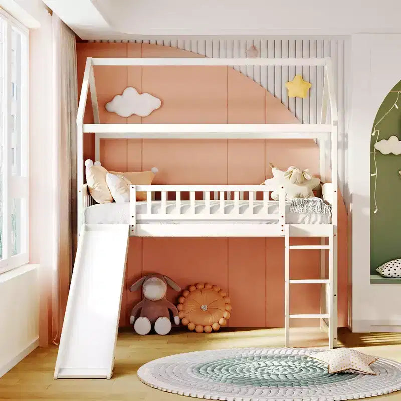 Twin Size Loft House Bed with Slide-ModernLuxe
