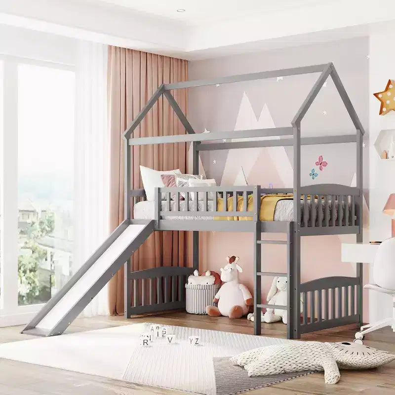 Twin Size Loft House Bed with Slide-ModernLuxe