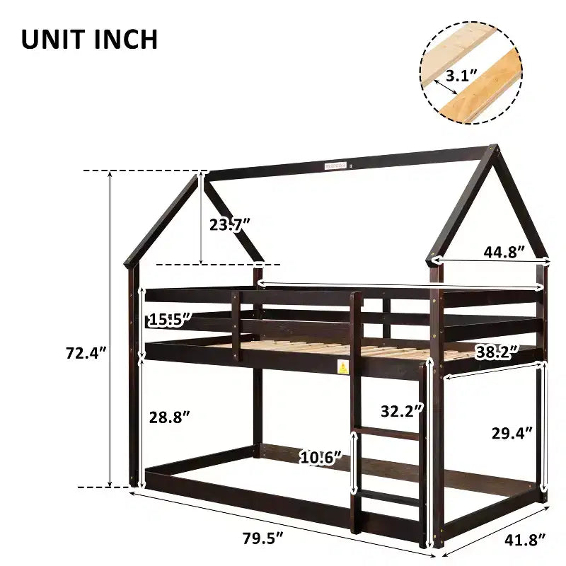 Twin over Twin Loft Bed with Roof Design, Safety Guardrail and Ladder-ModernLuxe