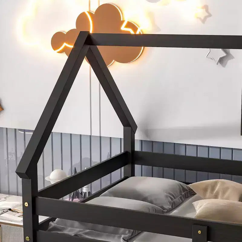 Twin over Twin Loft Bed with Roof Design, Safety Guardrail and Ladder-ModernLuxe