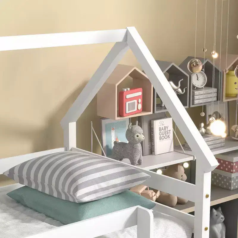 Twin over Twin Loft Bed with Roof Design, Safety Guardrail and Ladder-ModernLuxe