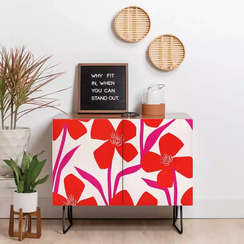 Maritza Lisa Red and Pink Floral Pattern Credenza - Deny Designs