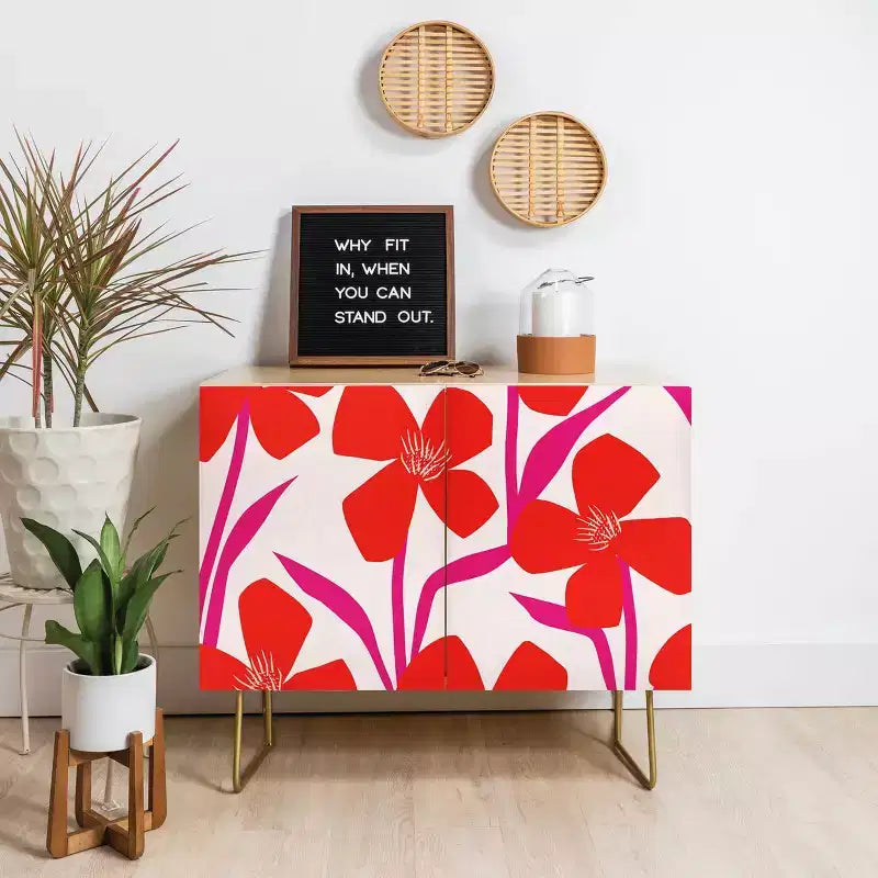 Maritza Lisa Red and Pink Floral Pattern Credenza - Deny Designs