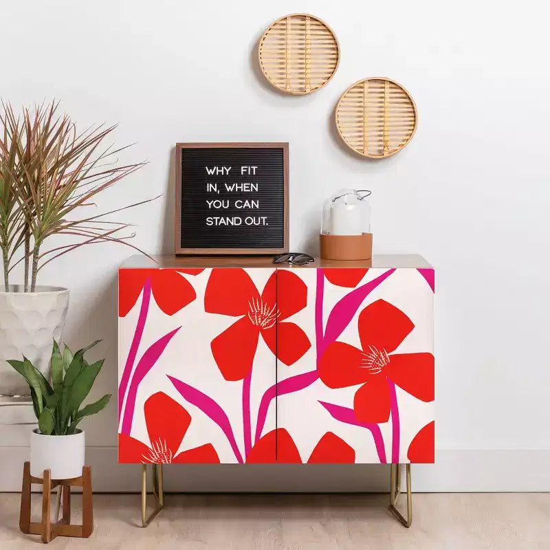 Maritza Lisa Red and Pink Floral Pattern Credenza - Deny Designs
