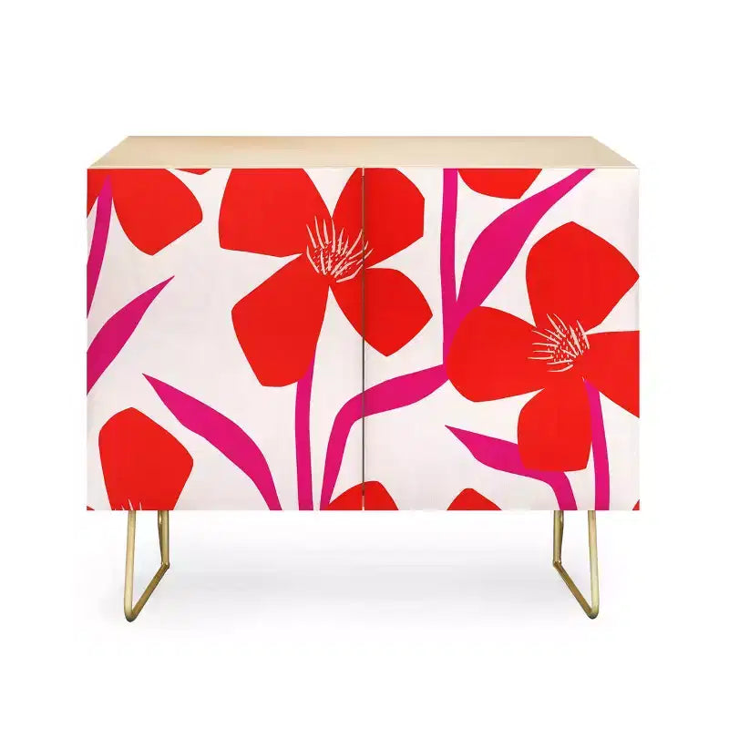 Maritza Lisa Red and Pink Floral Pattern Credenza - Deny Designs