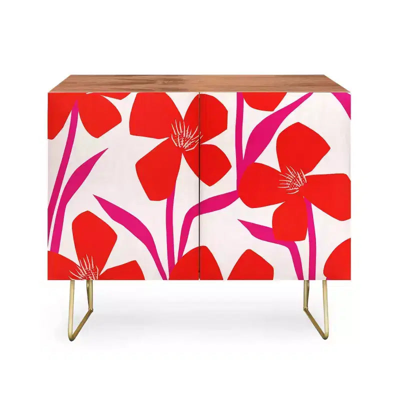 Maritza Lisa Red and Pink Floral Pattern Credenza - Deny Designs