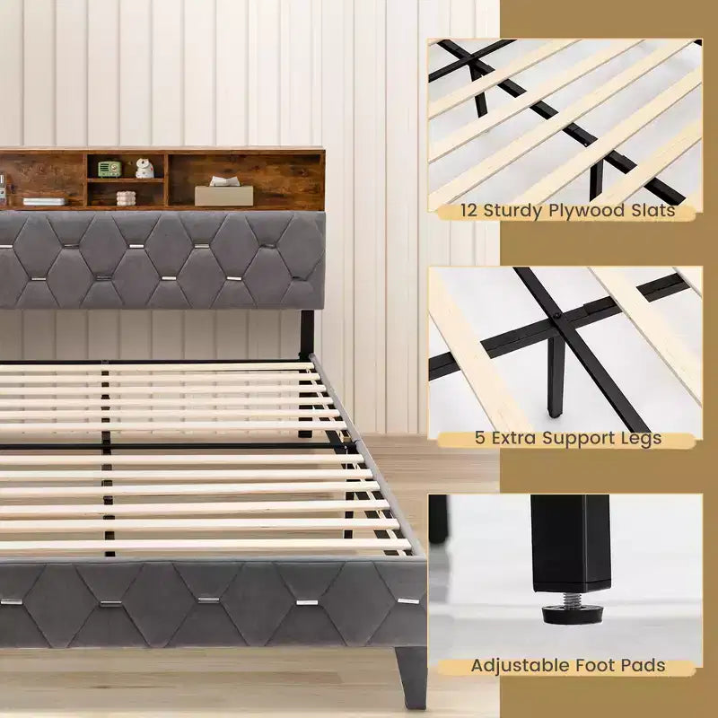 Costway Bed Frame Upholstered Platform Mattress Foundation with Storage Headboard