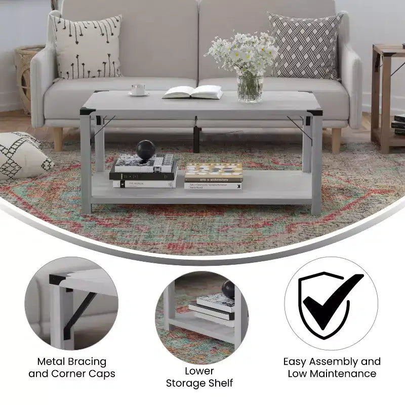 Merrick Lane Modern Farmhouse Engineered Wood Coffee Table and Powder Coated Steel Accents