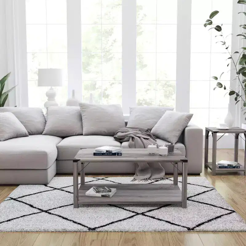 Merrick Lane Modern Farmhouse Engineered Wood Coffee Table and Powder Coated Steel Accents