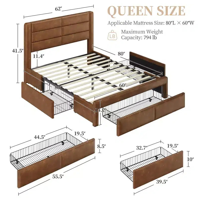 Yaheetech Upholstered Bed Frame with 3 Storage Drawers and Built-In USB Ports