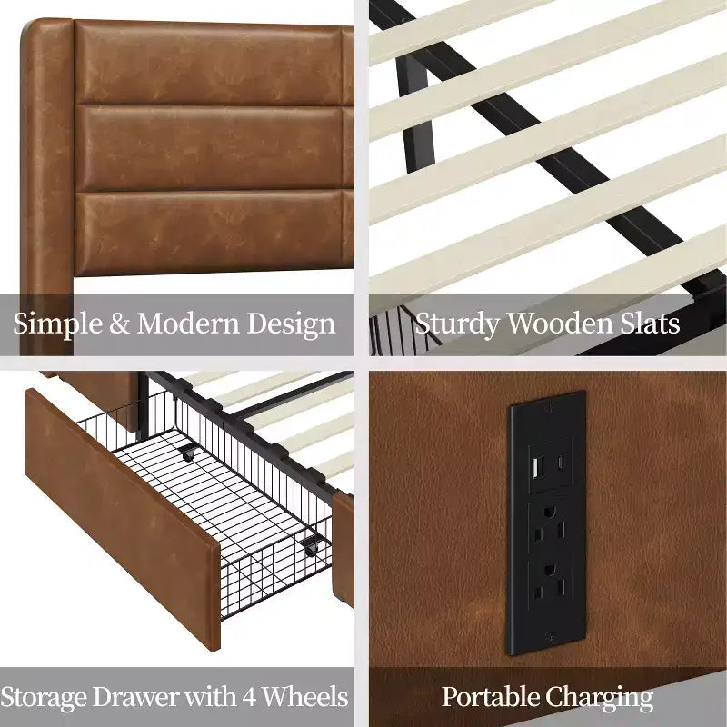 Yaheetech Upholstered Bed Frame with 3 Storage Drawers and Built-In USB Ports