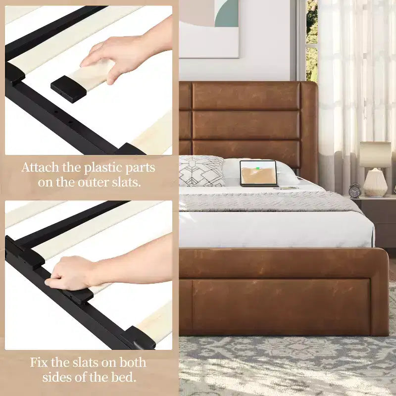 Yaheetech Upholstered Bed Frame with 3 Storage Drawers and Built-In USB Ports