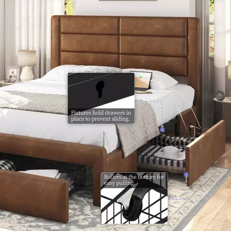 Yaheetech Upholstered Bed Frame with 3 Storage Drawers and Built-In USB Ports