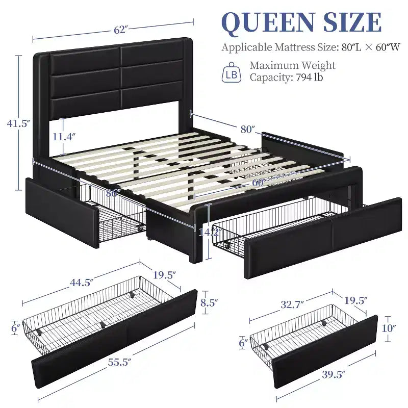Yaheetech Upholstered Bed Frame with 3 Storage Drawers and Built-In USB Ports