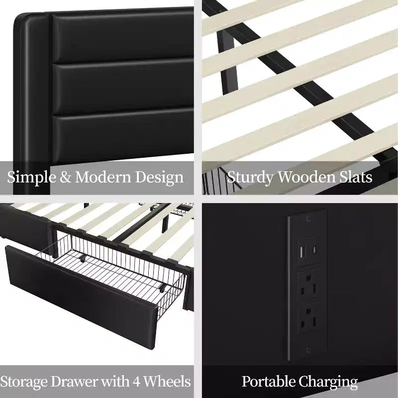 Yaheetech Upholstered Bed Frame with 3 Storage Drawers and Built-In USB Ports