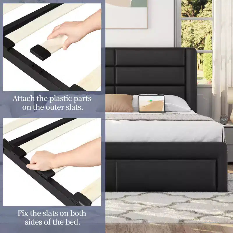 Yaheetech Upholstered Bed Frame with 3 Storage Drawers and Built-In USB Ports