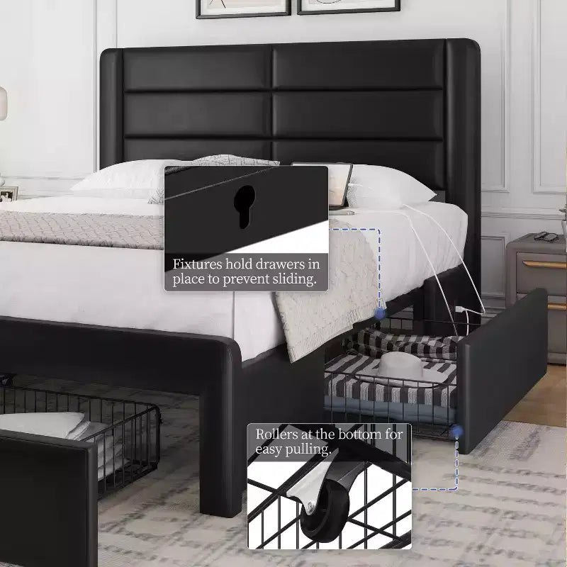 Yaheetech Upholstered Bed Frame with 3 Storage Drawers and Built-In USB Ports