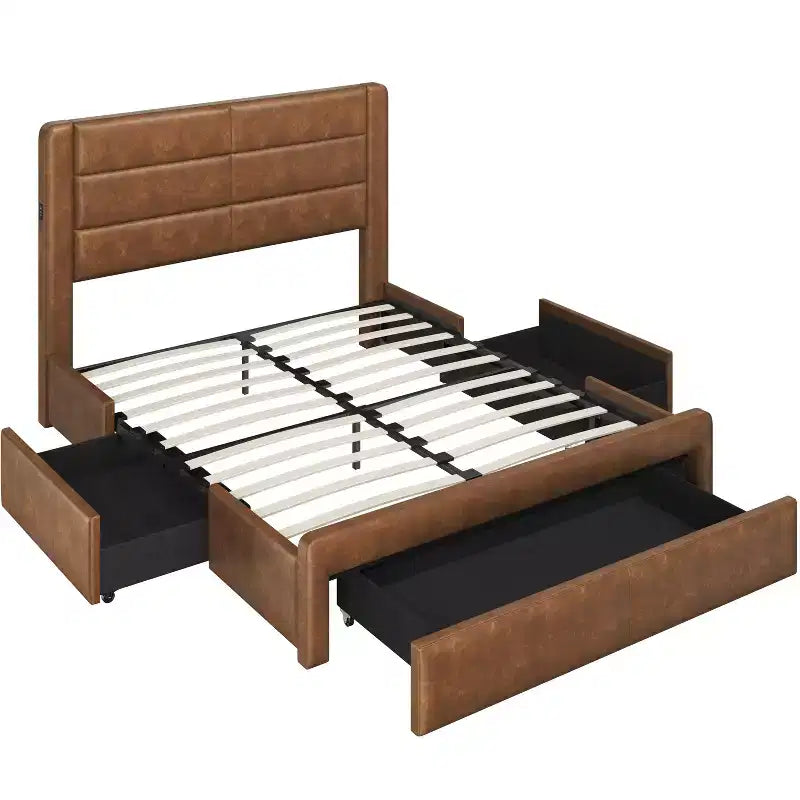 Yaheetech Upholstered Bed Frame with 3 Storage Drawers and Built-In USB Ports