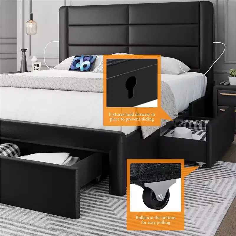 Yaheetech Upholstered Bed Frame with 3 Storage Drawers and Built-In USB Ports