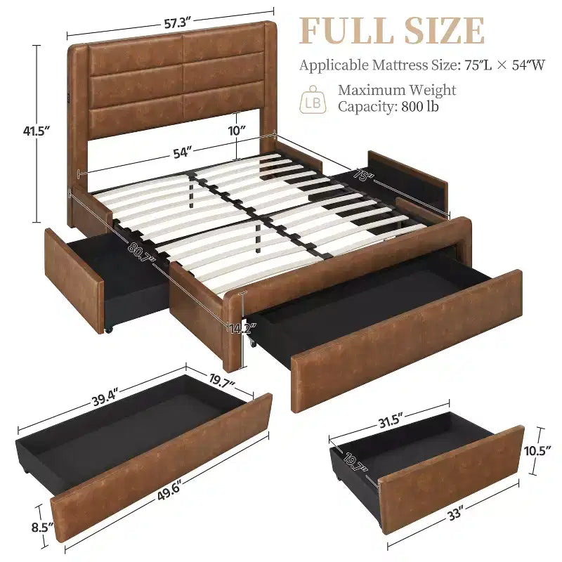 Yaheetech Upholstered Bed Frame with 3 Storage Drawers and Built-In USB Ports