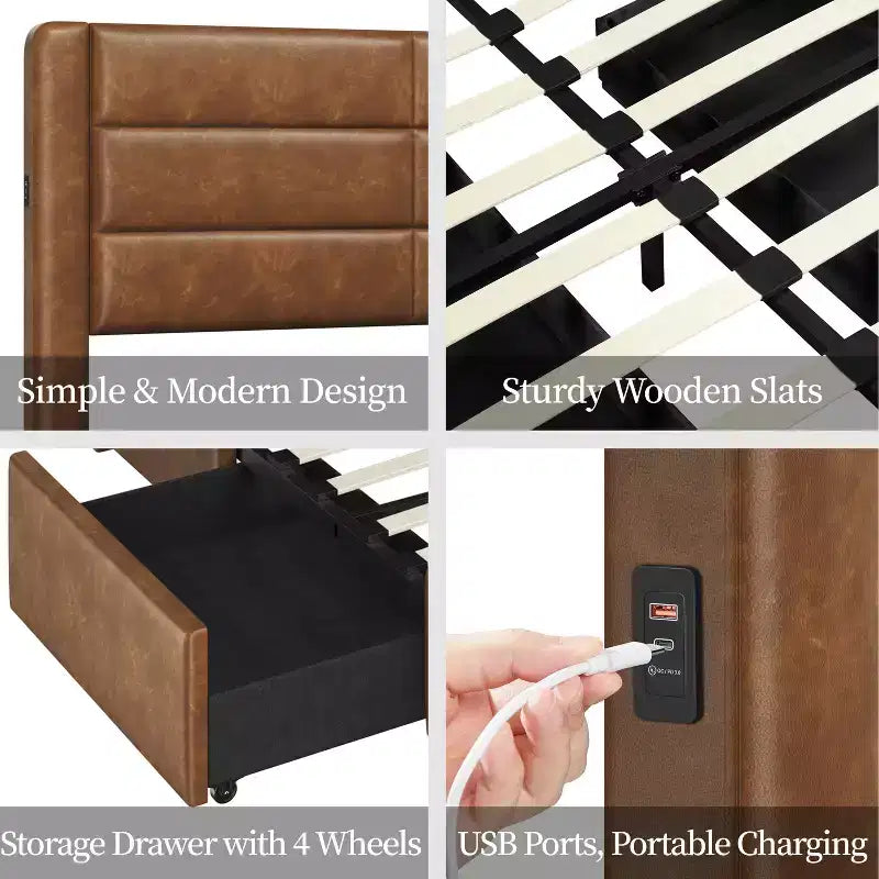 Yaheetech Upholstered Bed Frame with 3 Storage Drawers and Built-In USB Ports