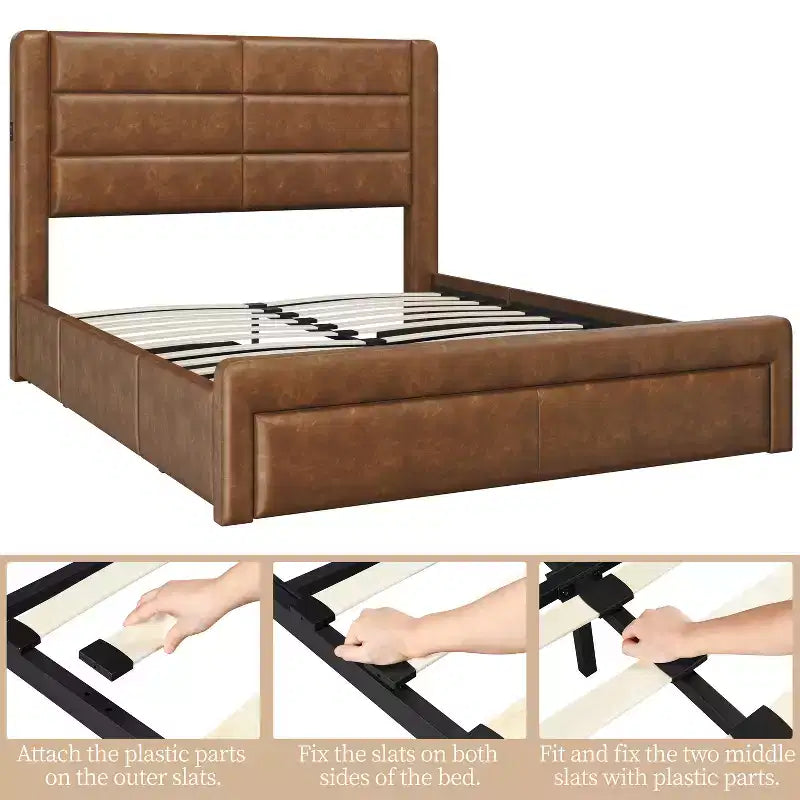 Yaheetech Upholstered Bed Frame with 3 Storage Drawers and Built-In USB Ports